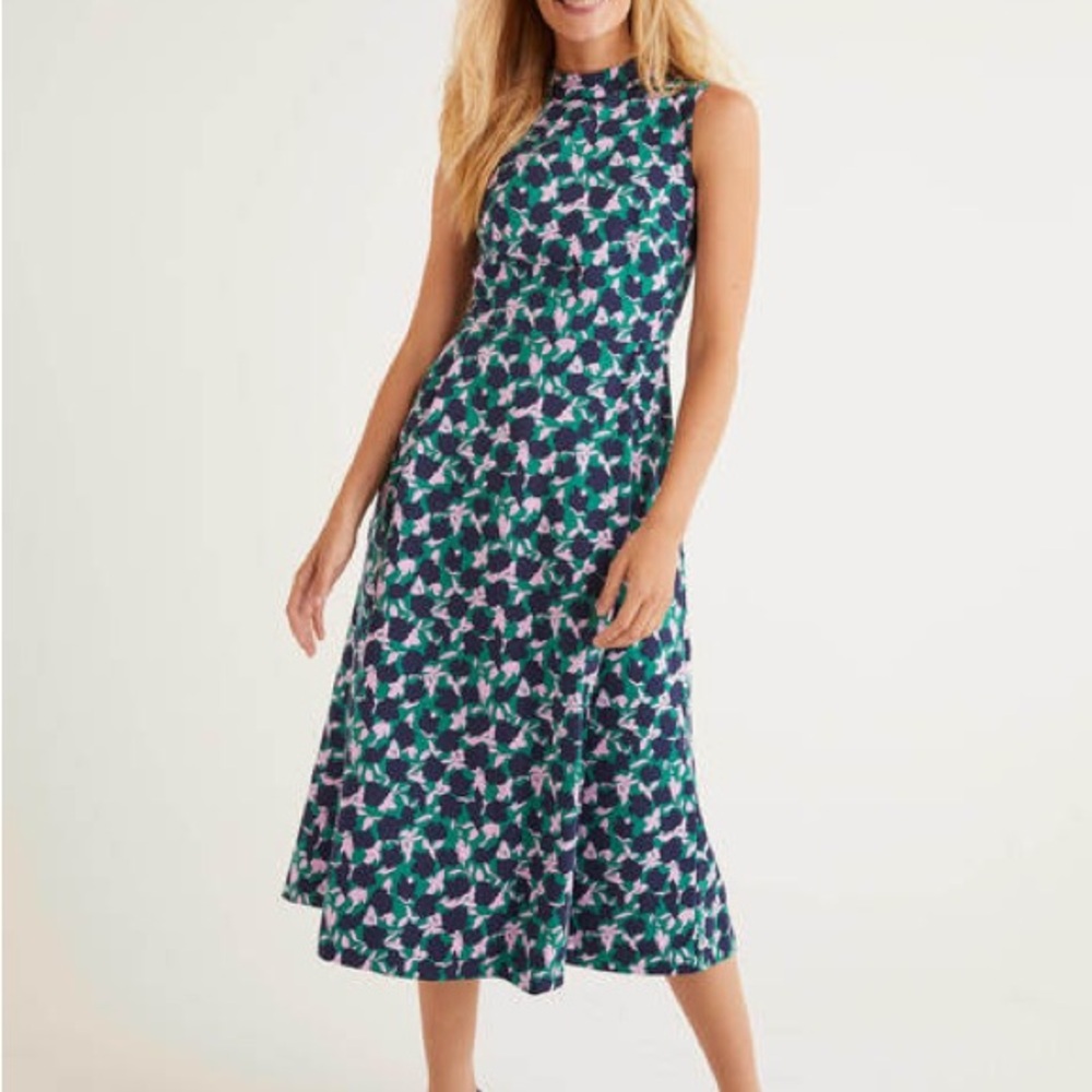 Boden Miram Floral Midi Dress Womens 6P Green Pink Sleeveless High Neck